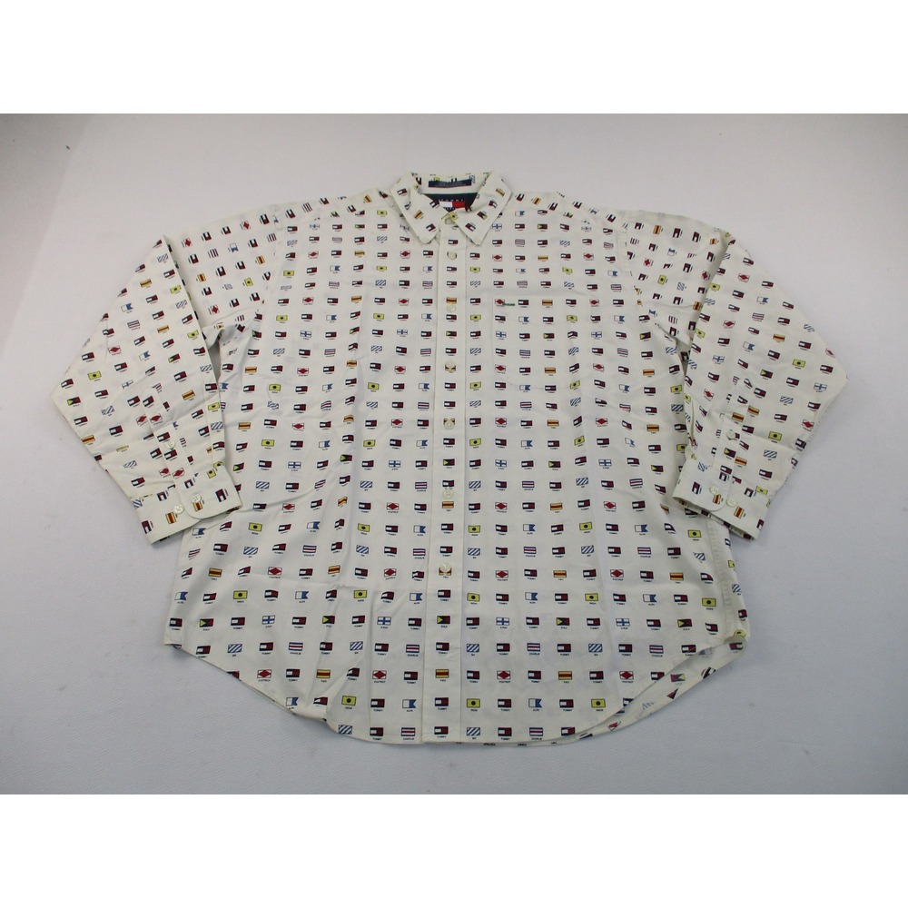 Tommy Hilfiger Shirt Mens M White Nautical Signal Flag Vintage Long Sleeve 13569